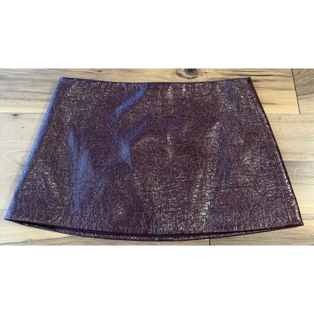 Ceren Ocak Faux Leather Crinkle Mini Skirt Burgundy Wine A Line Y2K Sz M Grunge